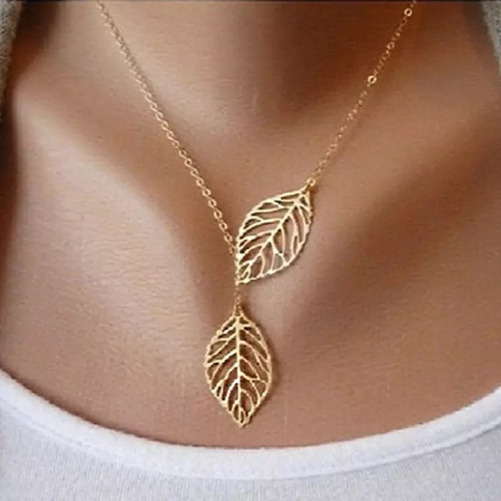 Double Gold Leafs Pendants Choker Chain Necklace